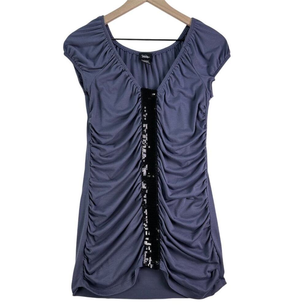 VANITY Women's VTG Gray Ruched Babydoll Top Fitted Sz M Black Sequin Accents USA